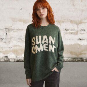 Suamoment Women's Green Sweater with White Graphic Size Large